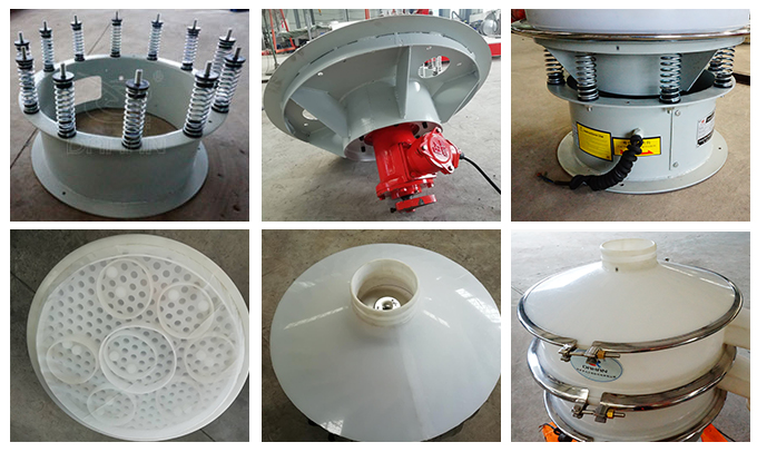 塑料振動篩彈簧底座安裝，振動電機安裝，篩網(wǎng)，防塵蓋等安裝圖片展示
